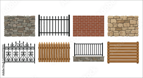 Canvas-taulu Assorted Fences And Stone Walls Vector Illustration On White Background
