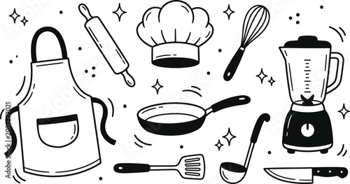 Bild auf Leinwand Hand Drawn Kitchen Cooking Tools Doodle Vector Set Featuring Chef Hat, Apron, Bl