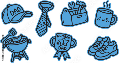 Photography Father's day themed icons including 'dad' baseball cap tie tools barbecue with f