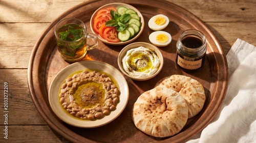 Middle Eastern breakfast spread with hummus, pita bread, fresh vegetables on wooden table