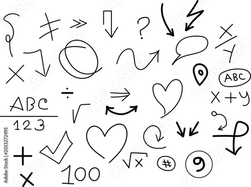Hand drawn math and direction symbols