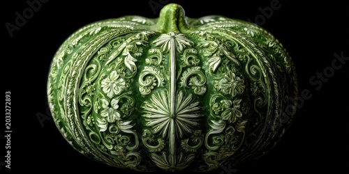 Elegant Green Gourd with Ornamental Carvings, Decorative Vegetable Art