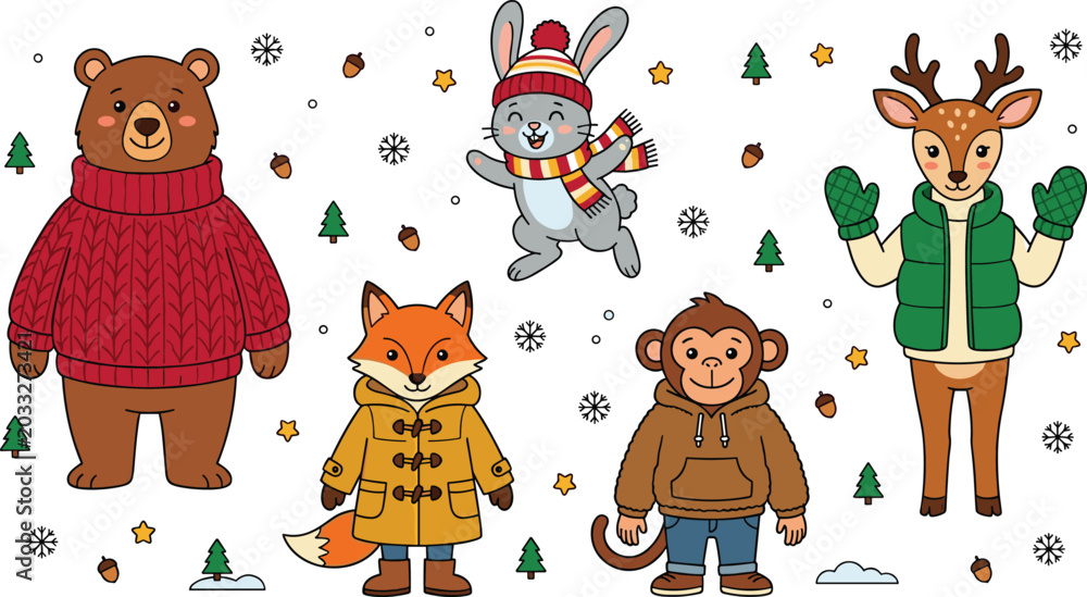 Obraz premium Cute Kawaii Winter Animals Cartoon Character Vector Set Featuring Bear in Sweater Rabbit with Scarf Fox in Coat Monkey and Deer Wearing Mittens Illustrations