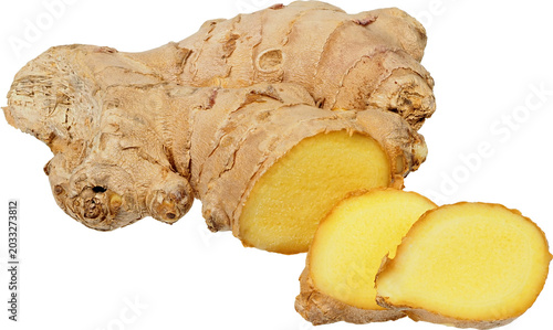 Big ginger root and slices on white background