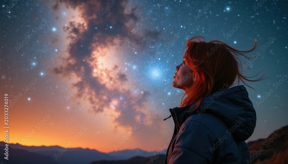 Obraz premium Woman looks up at starry night sky with nebula clouds. Dusk sky with orange glow above mountains. Person contemplates cosmic wonders, exploring universe dreams. Vastness inspires awe.