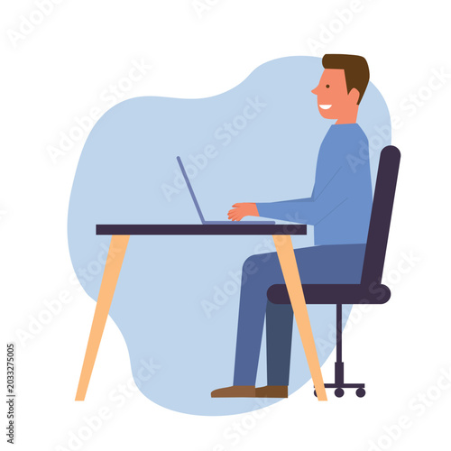 Man sitting at the table using laptop. Freelancer man concept. Male student studying
