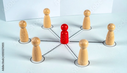 Red wooden figure connected by lines to surrounding natural wood figures on a gray background, symbolizing leadership, teamwork, and network communication.
