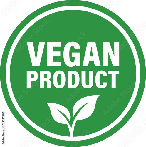 Photos Vegan product label icon with green circle and leaf symbol for packaging and bra