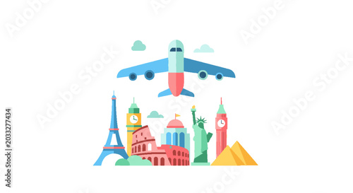 Global travel concept with airplane flying over famous world landmarks. International tourism, vacation, adventure, and exploration illustration.