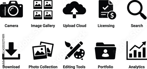 Collection of black icons representing photography and creative services