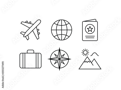 Minimalist travel icon set vector template. Line art tourism emblems with airplane, globe, passport, compass, suitcase, and mountains for vacation and adventure branding.