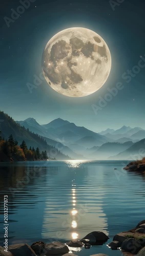 Serene 4K fantasy world at night featuring shimmering lake and mountains under massive moon with faint ring creating high quality magical and tranquil scenery