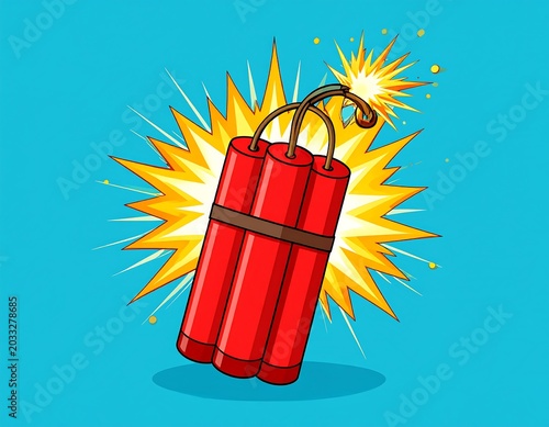 Red Cartoon Dynamite Sticks Exploding on Bright Blue Background