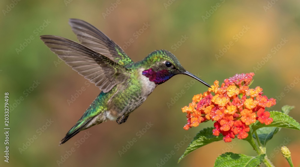 Fototapeta premium Broad-tailed hummingbird hovering and drinking nectar from orange lantana flowers in a sunny garden