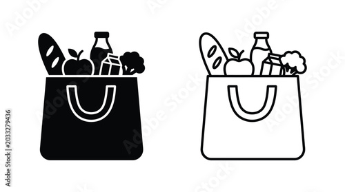 Foto Grocery Bag Silhouette With Food Items Black And White Icon Set