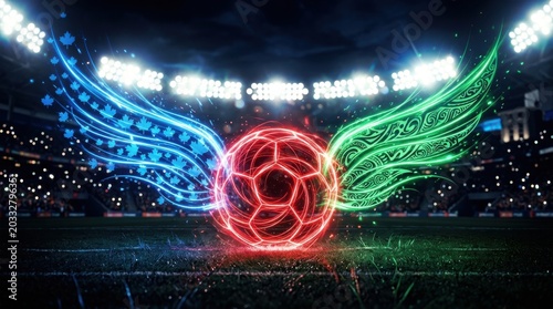 Dynamic glowing football with neon wings in dark stadium under bright lights, football