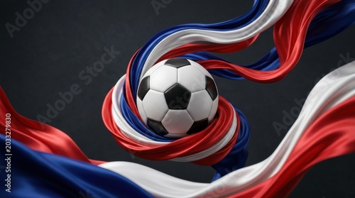 Classic soccer ball entwined with flowing red white blue ribbons football traditional