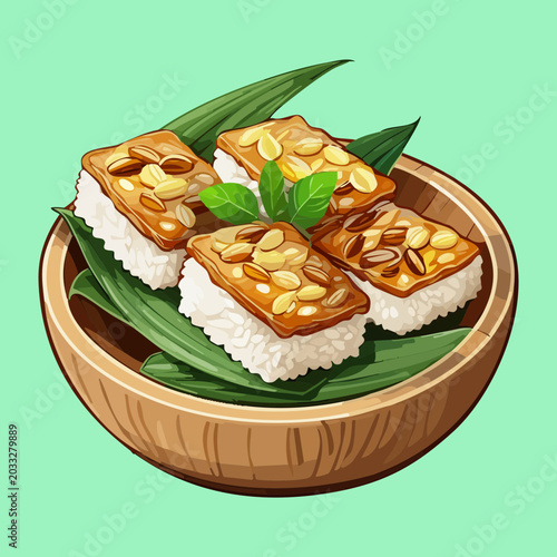 Fotografie Crispy fried tempeh cubes arranged neatly on banana leaf inside traditional wood