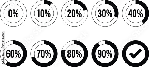 Εκτύπωση καμβά Black and White Minimalist Circle Percentage Progress Charts Set with Check Mark