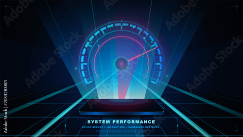 Tableau sur toile Futuristic system performance HUD with glowing semicircular gauge, neon speed dial, holographic beams and perspective grid on dark background