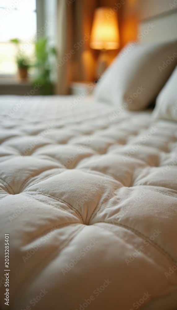 Naklejka premium Soft quilted mattress surface with diamond pattern. Comfortable bedding in cozy bedroom with warm lamp light. Peaceful sleep setup ready for rest.