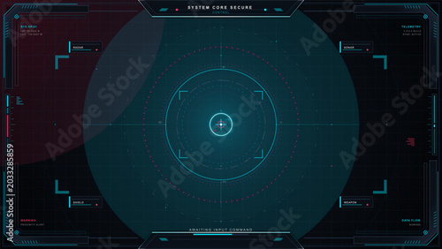 Фотография Dark futuristic secure system HUD interface with central radar reticle, cyan gri