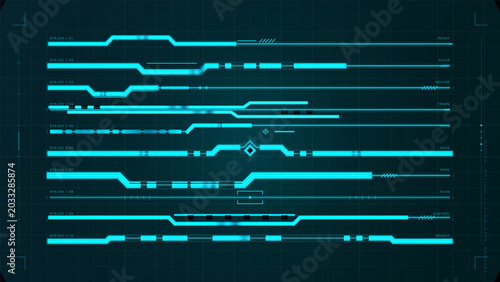 Obraz na płótnie Dark futuristic data stream interface with glowing cyan circuit lanes, segmented