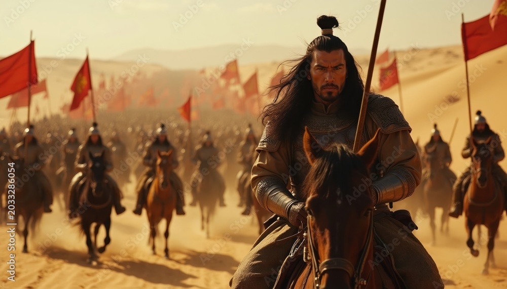 Naklejka premium Mongol army rides horses across desert dunes. Leader with long dark hair, armored soldiers carrying red flags march forward. Intense desert landscape, sand ripples, bright sunlit scene.