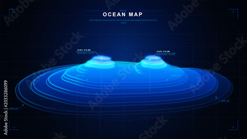 Futuristic ocean map HUD with glowing blue bathymetric contour scan, two seabed peaks, elevation labels, grid background, and data markers.