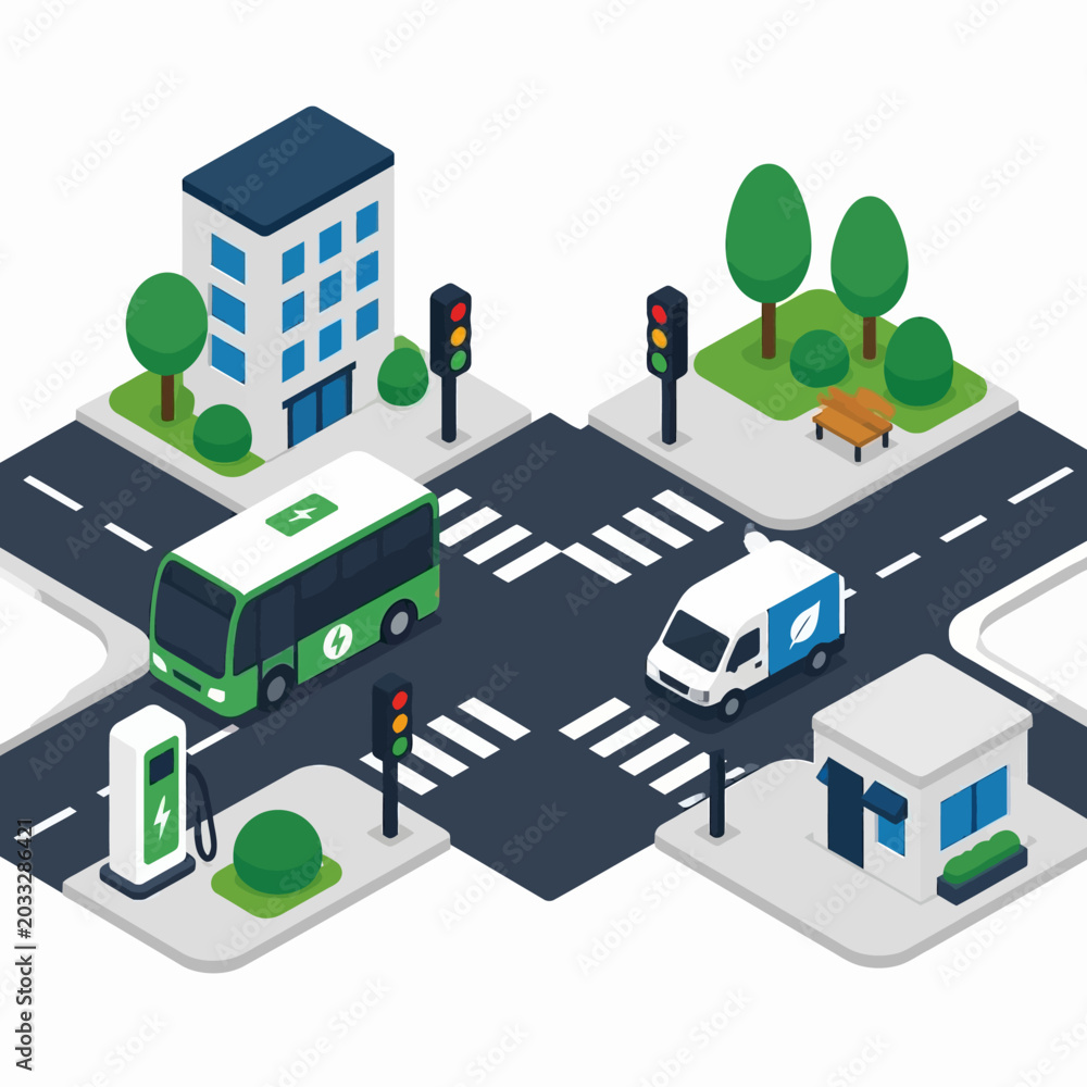 Naklejka premium Isometric illustration of a city intersection with electric vehicle infrastructure.