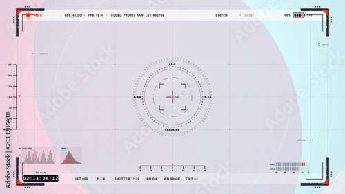 Tableau sur toile Futuristic video camera recording interface with central focus reticle, exposure meters, waveform graphs and red corner markers on a grid
