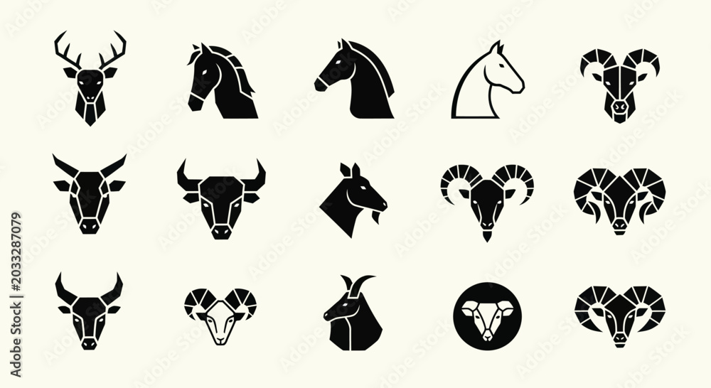 Fototapeta premium Set of Animal Head Icons: Deer, Horse, Bull, Ram, Goat - Vector Graphics