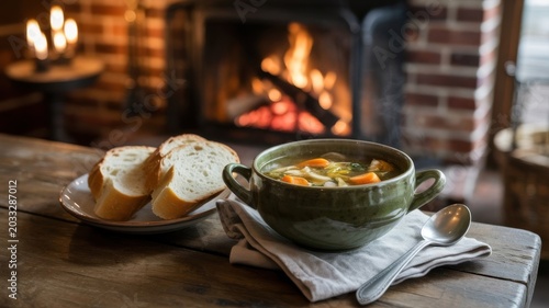 Warm Soup and Fresh Bread Served by a Cozy Fireplace in a Rustic Setting During a Winter Evening