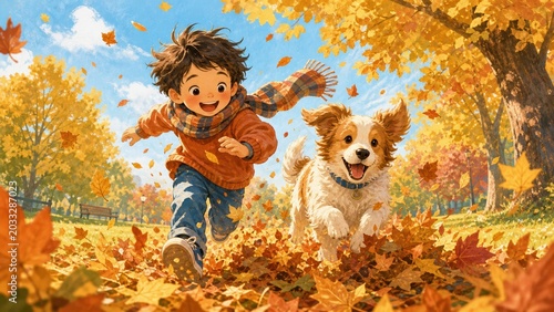 Child runs and plays with dog in park filled with autumn leaves during sunny day