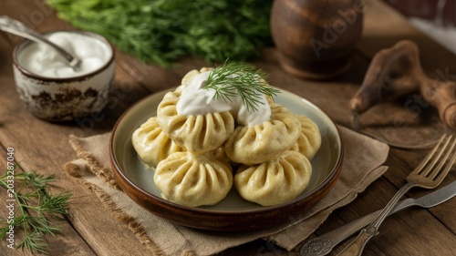 Delicious Dumplings Served With Sour Cream and Fresh Herbs on a Wooden Table in a Cozy Setting