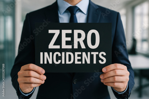 Confident business person presenting black placard with bold white text zero incidents in modern corporate setting showing safety milestone achievement concept for workplace