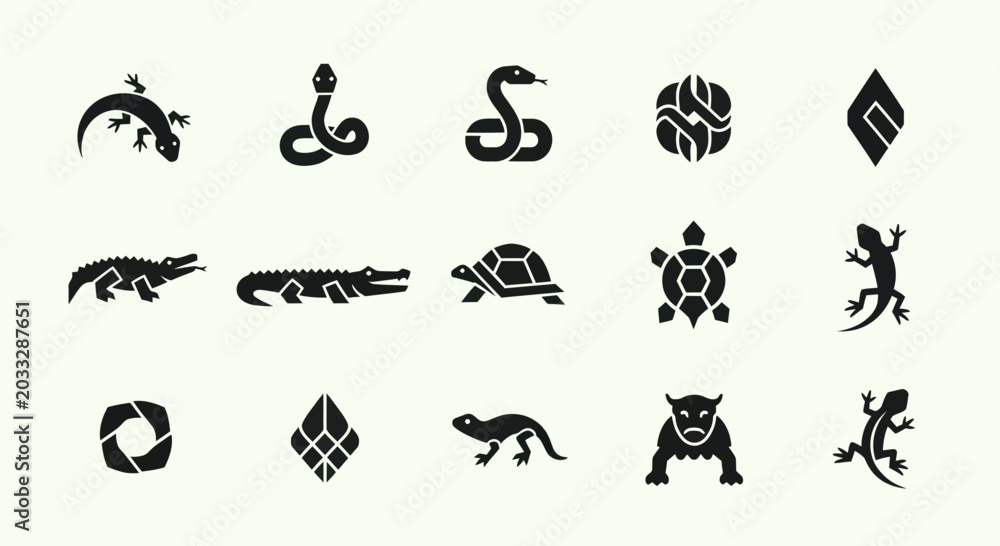 Obraz premium Reptile and Abstract Icons Set: Lizards, Snakes, Alligators, Turtles, Geometric Designs