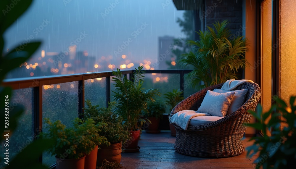 Fototapeta premium Wicker chair with pillows and blanket on balcony during rain. City lights glow in dusk. Potted plants surround furniture. Peaceful urban evening.