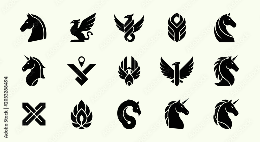 Obraz premium Mythical Creature Icons: Unicorns, Griffins, Phoenix, Eagle, Serpent - Vector Set