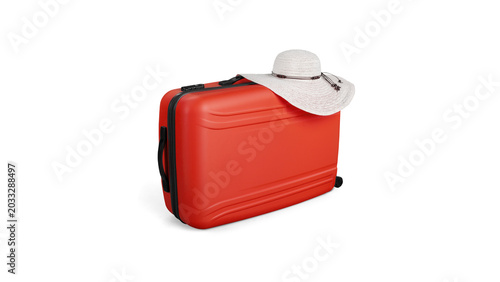 Tableau sur toile Red Hard Shell Suitcase with White Straw Sun Hat Isolated on White Background fo
