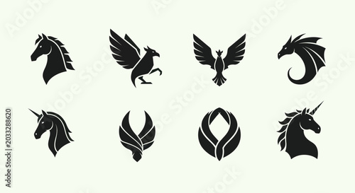 Mythical Creatures Silhouettes: Unicorn, Pegasus, Dragon, Phoenix Icons