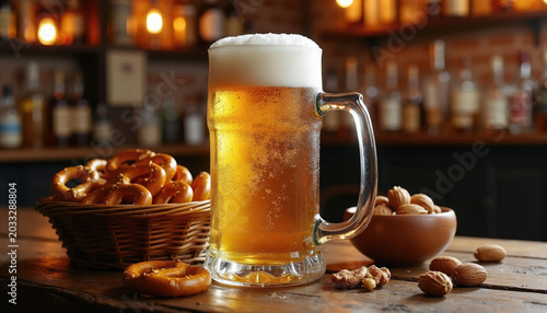 Frothy beer mug with pretzels and nuts on rustic table. Warm pub atmosphere with soft lights. Amber beverage and tasty snacks for friends gathering and relaxation. Cheers.
