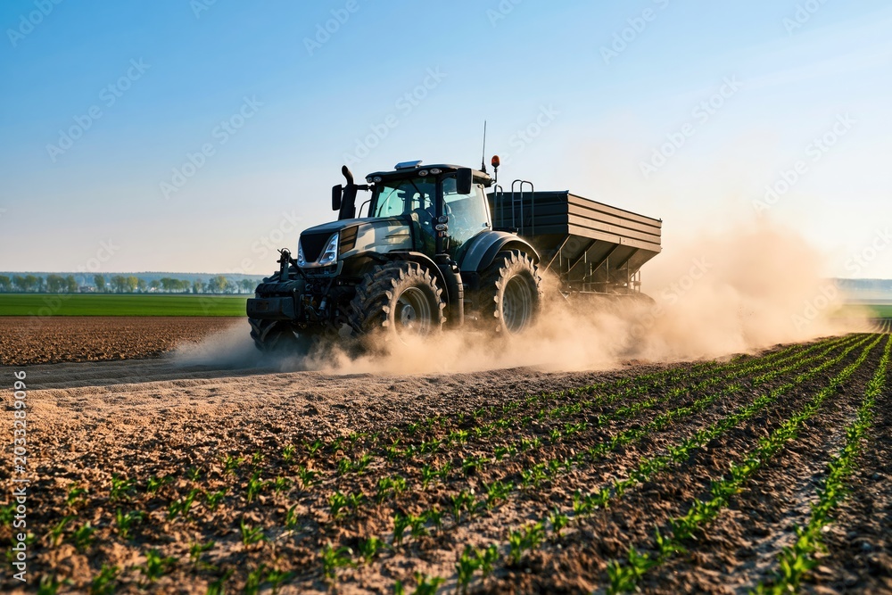 Fototapeta premium Modern Agricultural Tractor Spreading Fertilizer on Rural Farmland