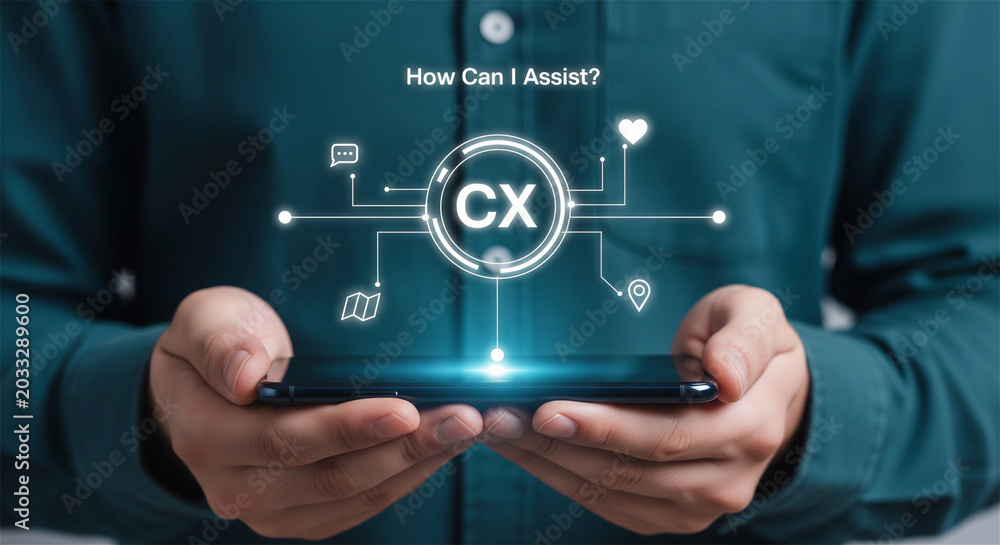 Fototapeta premium Customer Experience CX digital interface on smartphone, business person holding mobile phone with virtual service icons, help desk support concept