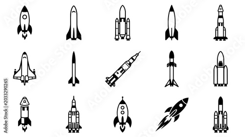 Diverse rocket and space shuttle icons set