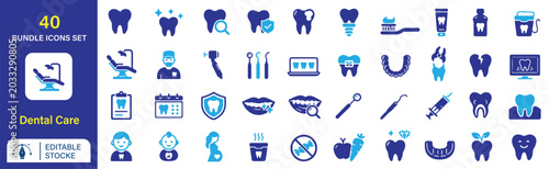 Fotografie Set of 40 Dental Care Vector icons Each icon will be different, create a vector outline icons using white background and black colour