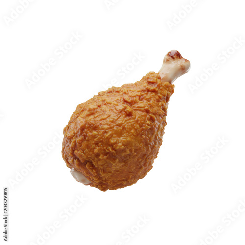 a highly detailed, photorealistic 3d render of a single, perfectly proportioned fried chicken drumstick. intensely textured golden-brown crispy batter, isolated floating on a seamless transparent