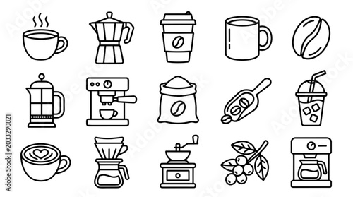 Outline icons of coffee and brewing equipment