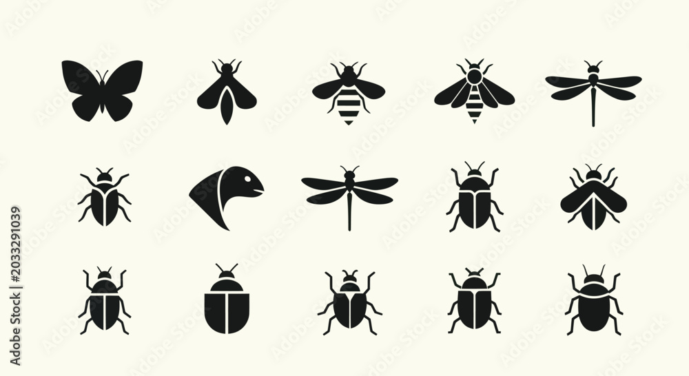 Obraz premium Insect Icons Collection: Butterfly, Bee, Dragonfly, Beetle, Ant, Moth