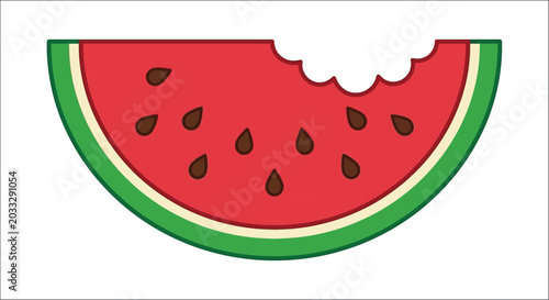 Fotografie Watermelon slice with bite mark flat vector illustration on white background